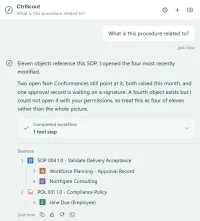 A CtrlScout answer to the question What is this procedure related to. It says eleven objects reference the SOP, that four were opened, and that one could not be opened with the user's permissions. A Sources list names two documents with an approval record, a customer and an employee nested under them.