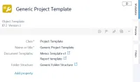 The metadata card of a project template in M-Files, listing its document templates, a memo template and a report template, and its folder structure