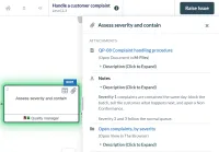 The CtrlProcesses viewer in M-Files. The step Assess severity and contain is highlighted in a complaint-handling process, and a panel beside the diagram lists what belongs to it: a procedure that opens in M-Files, a note, a link to a view of open complaints, a link that starts a new non-conformance record, and a data table.