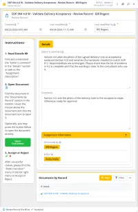 A review record's portal in M-Files: the record's dates at the top, an Instructions panel on the left with the steps Read Details, Open Document and Accept or Reject and a green Open Document button, the editor's comment, the reviewer's comment and the people under Assignment Information on the right, the document under Documents by Record, and the workflow state Accepted in the footer.