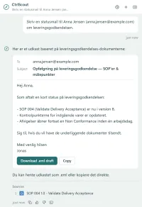 A CtrlScout email draft, asked for in Danish and written in Danish, with To and Subject fields, a body listing three points about a delivery-acceptance procedure, buttons labelled Download .eml draft and Copy, and the source document listed below.
