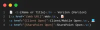 A FancyLinks template written in HTML, with placeholders for the name or title, the version and the Web, client and SharePoint links, and an emoji in front of the name and of two of the links
