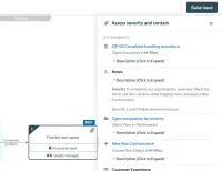 The information panel of the step Assess severity and contain beside a process map in the CtrlProcesses viewer. It lists a procedure marked Open Document in M-Files, an expanded note about severity 1 complaints, a link to a view of open complaints, a link marked Create New Object in M-Files and the heading of a data table. A Raise Issue button sits in the toolbar.