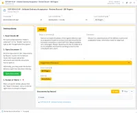 A CtrlPortals portal on a document review record in M-Files, with a numbered Instructions panel and a green Open Document button on the left, the editor's comment and the reviewer's comment in the middle, and the document to be reviewed listed below