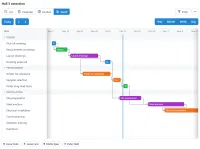 A CtrlPortals gantt chart of the same project, grouped into Design, Procurement and Installation phases, with a bar per task from its start to its end date, arrows from each task to the ones that depend on it, a vertical line for today, and Year, Month, Week and Day zoom buttons