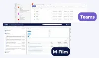 A project's Files tab in Microsoft Teams, with its folders, and in front of it the same project in M-Files with its documents listed, each window labelled with its program.