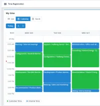 A CtrlPortals time calendar in M-Files in the week view, Monday to Wednesday from 8 in the morning, with each time entry as a block from its start to its end time, customer time in green and internal time in blue, and a legend of the two kinds underneath.
