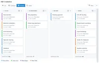 A kanban board for a project called Hall 3 extension, with the columns To do, In progress, Review and Done, task cards showing the responsible person and the end date, the sum of hours at the foot of each column, and buttons above for switching to a list, a calendar or a gantt chart