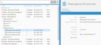 An M-Files search for "hr" listing policies and routines with version, workflow state and date columns, with a draft policy expanded to show its reviewers, owner, editor, approver and three assignments, beside an open assignment "Please approve this document" with its class, deadline and linked document