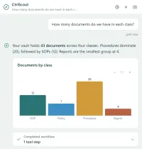 The CtrlScout panel in M-Files answering the question How many documents do we have in each class with one sentence and a bar chart of documents by class.