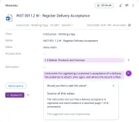The metadata card of a newly added document in Draft, with the AI's suggested process area and description in lilac boxes under the empty fields, a suggested Keywords property as a button, and a popover open on the description asking whether to add the value, with the source of the value and a note that it was AI-generated.