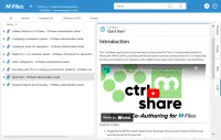 An M-Files window where a CtrlPortals portal shows a CtrlShare Quick Start guide with introduction text and an embedded video, next to the list of administration guide documents