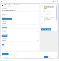 The page of one project in a CtrlPortals portal: its product, customer, project type, contact person, dates, project manager and completion in a two-column form, a comment thread with a reply and mentions beside it, tabs for its documents, events and calendar below, and the workflow state in the footer.