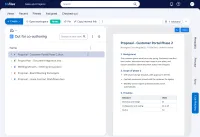 M-Files with the view Out for co-authoring on the left and a proposal selected. On the right, the Live Preview tab shows the proposal as it stands in OneDrive, with Refresh and Open buttons at the top.