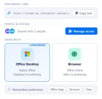 The CtrlShare dialog for a document. At the top is the document's OneDrive link with a Copy link button. Below it, the document is shared with two people, with a Manage access button, and it can be opened in Office Desktop or in the browser.