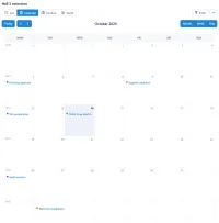 A CtrlPortals month calendar for October 2026 with the same project's tasks on their start dates, each dot in the colour of the person responsible, and Today, Month, Week and Day buttons above it