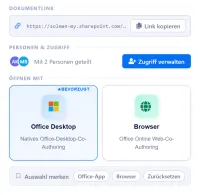 The CtrlShare dialog in German, with the document link, the people it is shared with, and the choice of Office desktop or the browser, all translated.