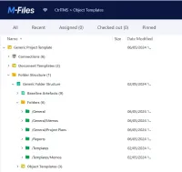 A generic project template in M-Files, opened to show its document templates and its folder structure, which is expanded to list its baseline artefacts and six folders
