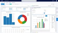 A CtrlPortals sales dashboard in M-Files with tiles for active customers, pipeline value, deals closed this month and average deal size, and charts of opportunities by state and lead probability, beside a customer portal showing closed opportunities per month and a comment thread