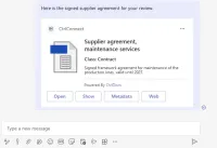 A Teams chat message sending a supplier agreement for review. Under the message, the pasted M-Files link is shown by CtrlConnect as a card with the document's icon, its name, its class and a short description, and Open, Show, Metadata and Web buttons.