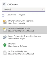 CtrlConnect search in a Teams chat, with All, Documents and Projects tabs and the matching M-Files records, each with its icon and the kind of record it is.