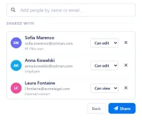 The CtrlShare share dialog with a box for adding people by name or email. Two colleagues, one an M-Files user and one an employee, can edit, and an external contact at another company can view. A Share button sits underneath.