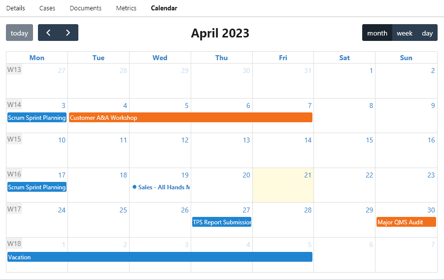 Screenshot of the calendar component in Custom User Interface - CtrlPortals