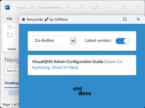 Screenshot of FancyLinks creating a link for a document that is checked out to OneDrive using CtrlShare