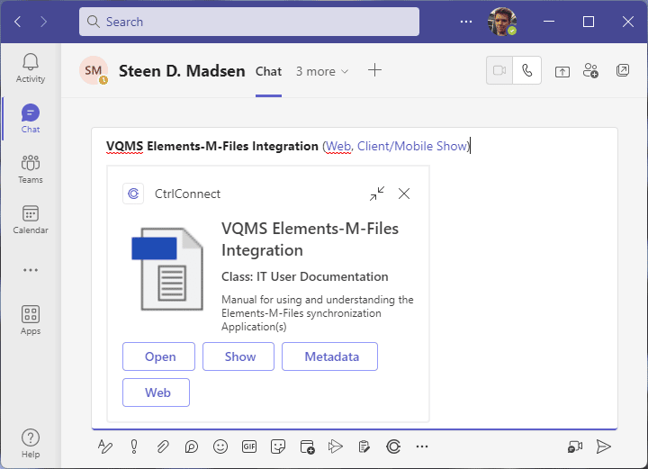 Screenshot of Microsoft Teams integrating with M-Files through CtrlConnect and a link created using FancyLinks